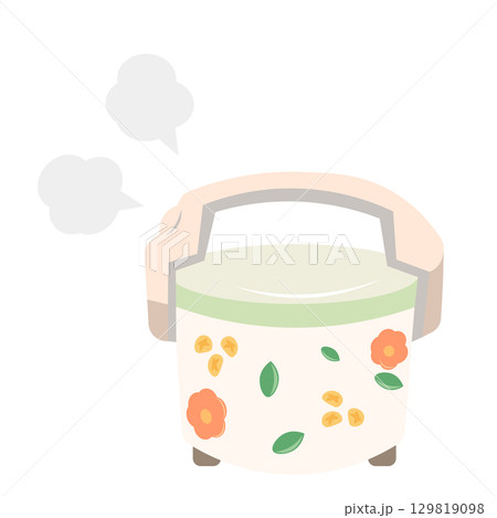 レトロな花柄の炊飯器でご飯を炊いて、湯気が出ているイラスト レトロな花柄の炊飯器でご飯を炊いて、湯気が出ているイラスト 129819098