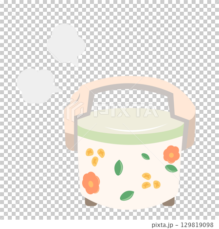 レトロな花柄の炊飯器でご飯を炊いて、湯気が出ているイラスト レトロな花柄の炊飯器でご飯を炊いて、湯気が出ているイラスト 129819098