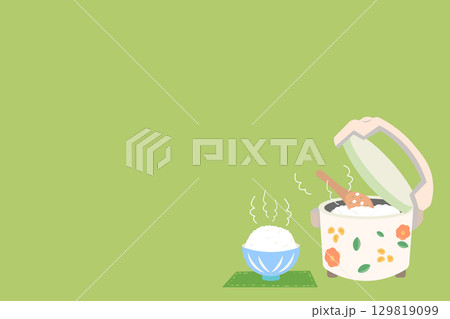レトロな花柄の炊飯器とお茶碗に炊きあがったご飯をよそったイラスト 129819099