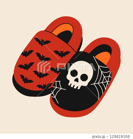 Cozy House Slippers with Spooky Skull and Bat Pattern	 129819108