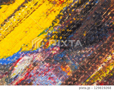 Vibrant abstract painting displaying bold colors and textures on canvas at an art gallery 129819268
