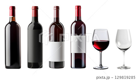 Set of red wine bottle with blank label and wine glass filled and empty on transparent background cutout, PNG file. Mockup template for artwork graphic Set of red wine bottle with blank label and wine glass filled and empty on transparent background cutout, PNG file. Mockup template for artwork graphic 129819285