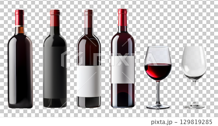 Set of red wine bottle with blank label and wine glass filled and empty on transparent background cutout, PNG file. Mockup template for artwork graphic Set of red wine bottle with blank label and wine glass filled and empty on transparent background cutout, PNG file. Mockup template for artwork graphic 129819285