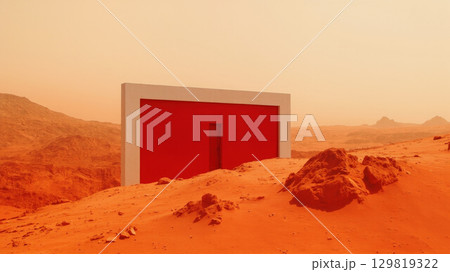 A striking red rectangular structure stands on a dusty Martian landscape. The surrounding terrain is rocky and orange, bathed in the warm glow of dusk, creating an otherworldly atmosphere 129819322
