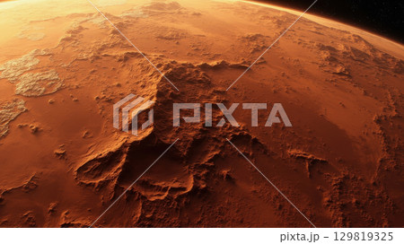 Exploration of Mars reveals a vast landscape of rugged terrain and rocky formations. Deep shadows enhance the textures, highlighting the planet's unique red surface under distant starlight 129819325