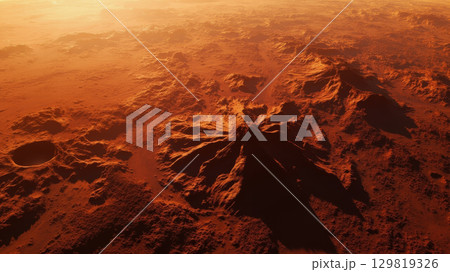 Dramatic view of the Martian landscape captured during twilight. The reddish terrain features prominent peaks, craters, and shadowed valleys, revealing the planet's geological diversity 129819326