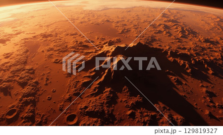 This visual showcases the rugged surface of Mars, with prominent mountains and deep craters illuminated by a vibrant golden light 129819327