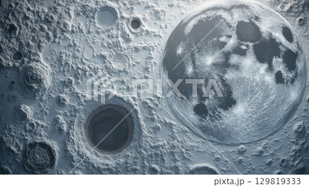 The lunar surface is depicted with numerous craters and rugged terrain illuminated by a full moon. The scene showcases the stark beauty of the moon's landscape at night The lunar surface is depicted with numerous craters and rugged terrain illuminated by a full moon. The scene showcases the stark beauty of the moon's landscape at night 129819333