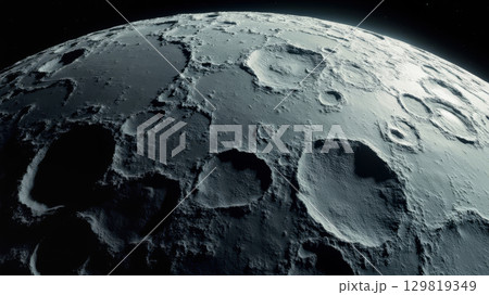The surface of the moon is highlighted with intricate details, showcasing craters and unique textures against the dark backdrop of space. The view invites exploration and wonder The surface of the moon is highlighted with intricate details, showcasing craters and unique textures against the dark backdrop of space. The view invites exploration and wonder 129819349