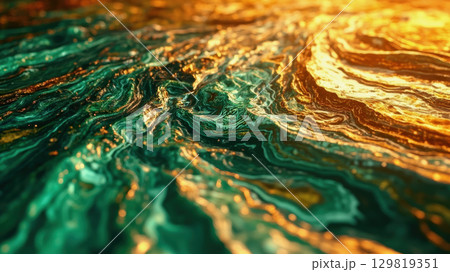 Swirling patterns in shades of green and gold create a mesmerizing visual effect that mimics the movement of fluid waves. The artwork exhibits a dynamic interplay of light and color 129819351