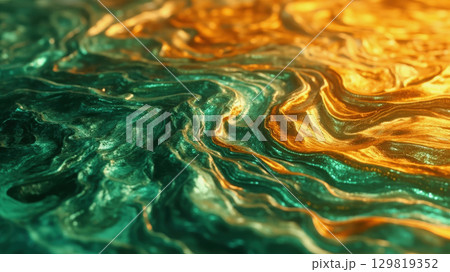 Colorful, swirling waves in shades of green and gold blend seamlessly, presenting an abstract composition that feels alive and dynamic. The design captures the essence of fluid motion 129819352