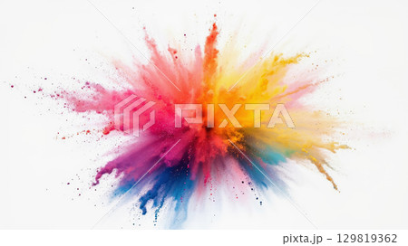 Bright hues of pink, orange, yellow, and blue burst outwards, forming a dynamic splash of color against a white background in a studio, showcasing artistic creativity Bright hues of pink, orange, yellow, and blue burst outwards, forming a dynamic splash of color against a white background in a studio, showcasing artistic creativity 129819362