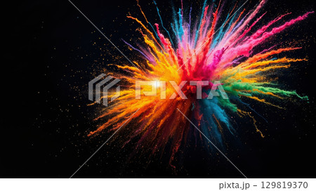A vibrant burst of colored powder spreads across a dark backdrop, creating a captivating display of hues. This mesmerizing spectacle showcases a joyful celebration of color and energy 129819370
