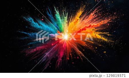 A burst of colorful paint particles disperses in all directions against a dark background, forming a stunning display of vibrant hues and dynamic patterns 129819371