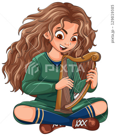 Curly-Haired Girl Playing Celtic Harp While Seated 129819385