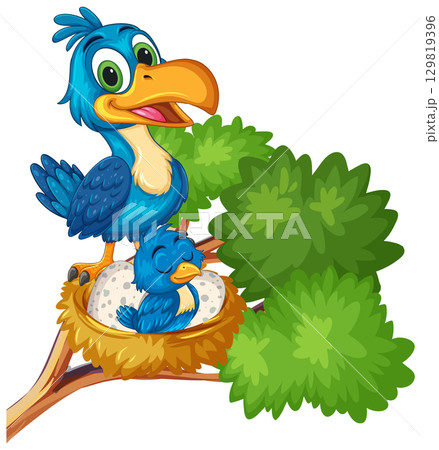 Blue Cartoon Bird with Chick in Nest on Tree Branch 129819396