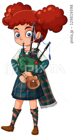 Red-Haired Girl Playing Bagpipes in Tartan Outfit 129819398