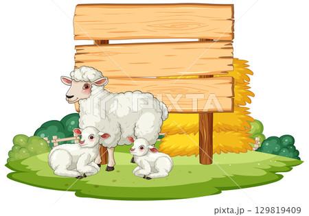 Mother Sheep and Lambs Resting by Wooden Sign 129819409