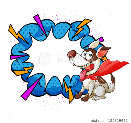 Cartoon Superhero Dog with Comic Speech Bubble 129819421
