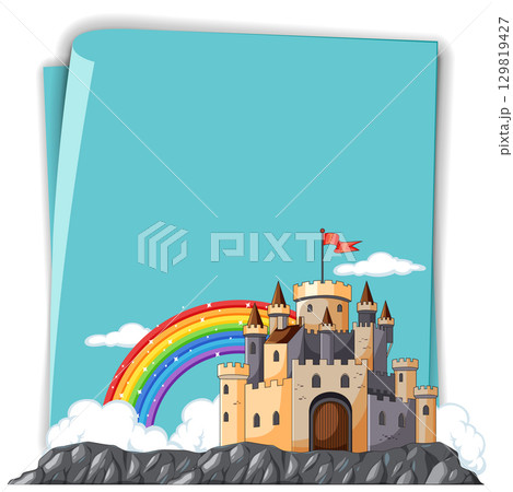 Medieval Castle with Rainbow and Rocky Landscape 129819427