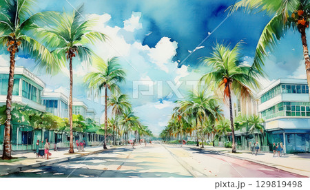 ヤシの木が並ぶマイアミの風景画 129819498
