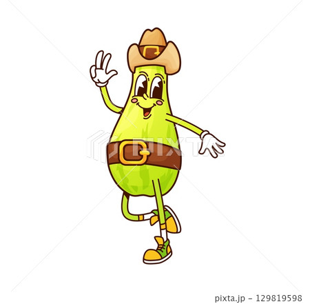 Cartoon squash groovy cowboy and bandit vegetable character, funny sheriff, robber, ranger. Vector zucchini veggie y2k personage wear hat and boots. Isolated fantasy healthy food retro western rancher 129819598