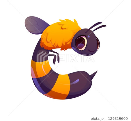 Cartoon letter C shaped like a bee with yellow orange fuzz, striped body, wings and antennae. Charming agriculture typeface, farm font, harvest type, funny English alphabet, abc typography character 129819600