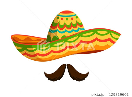 Mexican mariachi sombrero hat with mustaches for holiday fiesta, vector cartoon icon. Mexican culture art, tradition and Latin American decoration symbol of sombrero and mustaches for Mexico festival Mexican mariachi sombrero hat with mustaches for holiday fiesta, vector cartoon icon. Mexican culture art, tradition and Latin American decoration symbol of sombrero and mustaches for Mexico festival 129819601