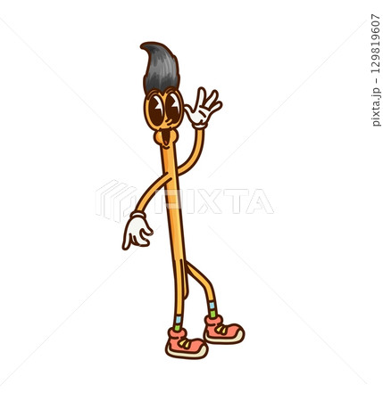 Cartoon groovy school stationery character or paintbrush with funny face, vector personage. Groovy brush with funky smile and Hi Hello gesture for student school stationery retro cartoon character 129819607