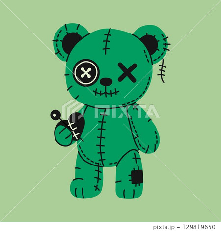 Green Stitched Voodoo Bear with Heart and Button Eye 129819650