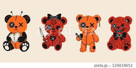 Collection of creepy gothic teddy bears with stitched details, button eyes, and horror accessories including knives, heart patches, and bows	 129819652