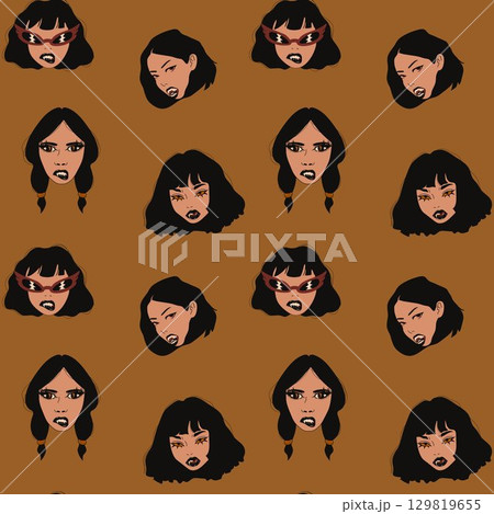 Seamless Pattern with Set of Female Horror Characters in Dark Fantasy Art	 129819655