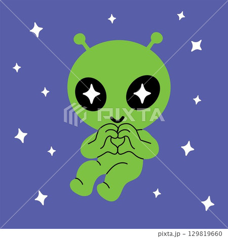 Cute Green Alien Making Heart Hands in Space	 129819660