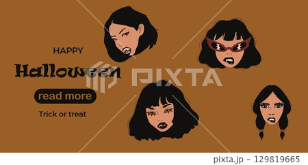 Web page design template. Set of Female Horror Characters in Dark Fantasy Art	 129819665