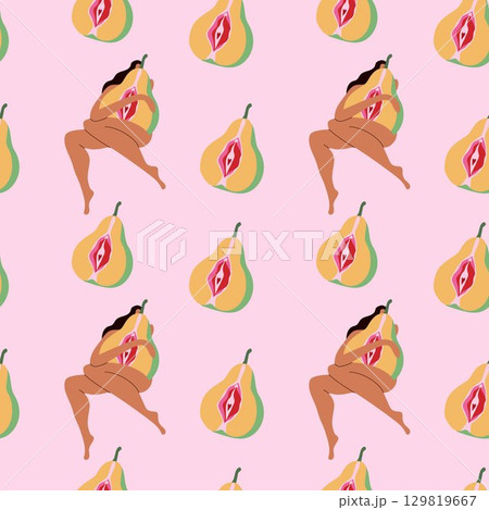 Seamless Pattern with Feminine Symbolism with Pear Fruit in Artistic Style Seamless Pattern with Feminine Symbolism with Pear Fruit in Artistic Style 129819667