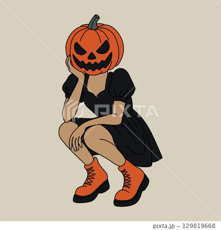 Creepy Cute Girl with Pumpkin Head and Grunge Style	 129819668