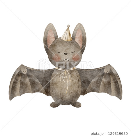 Watercolor illustration Halloween bat in party hat. Cute animal character, mouse spread wings hand drawn in childish style on isolated background for holiday card poster invitation packaging design 129819680