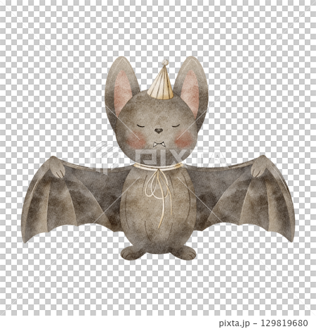Watercolor illustration Halloween bat in party hat. Cute animal character, mouse spread wings hand drawn in childish style on isolated background for holiday card poster invitation packaging design 129819680