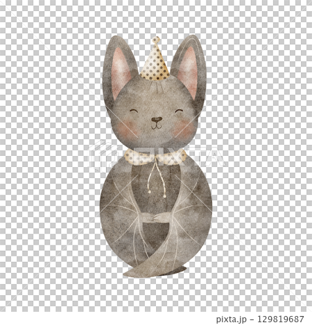 Watercolor illustration halloween bat in party hat. Sleeping animal character, mouse folded wings hand drawn in childish style on isolated background for design festive greeting card poster invitation Watercolor illustration halloween bat in party hat. Sleeping animal character, mouse folded wings hand drawn in childish style on isolated background for design festive greeting card poster invitation 129819687