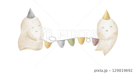 Watercolor illustration of ghost in party cap holding garland of flags. Picture hand drawn in childish Halloween style isolated from background for design of postcard, poster, invitation to holiday Watercolor illustration of ghost in party cap holding garland of flags. Picture hand drawn in childish Halloween style isolated from background for design of postcard, poster, invitation to holiday 129819692