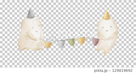 Watercolor illustration of ghost in party cap holding garland of flags. Picture hand drawn in childish Halloween style isolated from background for design of postcard, poster, invitation to holiday 129819692