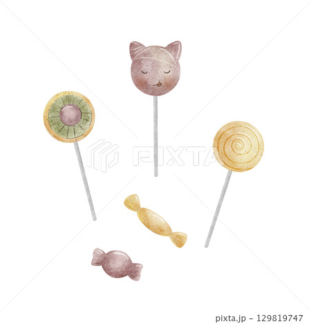 Set of Halloween candies, sweets, lollipop cat, eye. Watercolor illustration is hand drawn on an isolated background. Clipart for design of cards, labels, invitations, party, holiday, decor, birthday Set of Halloween candies, sweets, lollipop cat, eye. Watercolor illustration is hand drawn on an isolated background. Clipart for design of cards, labels, invitations, party, holiday, decor, birthday 129819747