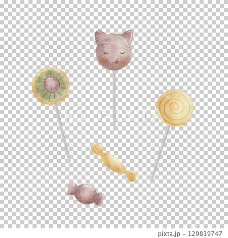 Set of Halloween candies, sweets, lollipop cat, eye. Watercolor illustration is hand drawn on an isolated background. Clipart for design of cards, labels, invitations, party, holiday, decor, birthday Set of Halloween candies, sweets, lollipop cat, eye. Watercolor illustration is hand drawn on an isolated background. Clipart for design of cards, labels, invitations, party, holiday, decor, birthday 129819747