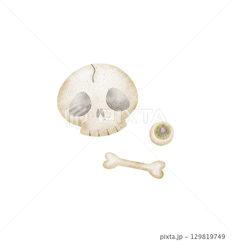 Watercolor Halloween illustration skull, bones, skeleton, eyeball. Human head, eye hand drawn in childish cute style on isolated background for design holiday card poster invitation packaging clothes Watercolor Halloween illustration skull, bones, skeleton, eyeball. Human head, eye hand drawn in childish cute style on isolated background for design holiday card poster invitation packaging clothes 129819749