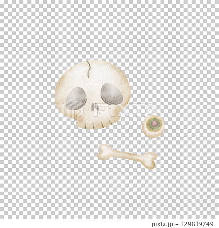 Watercolor Halloween illustration skull, bones, skeleton, eyeball. Human head, eye hand drawn in childish cute style on isolated background for design holiday card poster invitation packaging clothes Watercolor Halloween illustration skull, bones, skeleton, eyeball. Human head, eye hand drawn in childish cute style on isolated background for design holiday card poster invitation packaging clothes 129819749