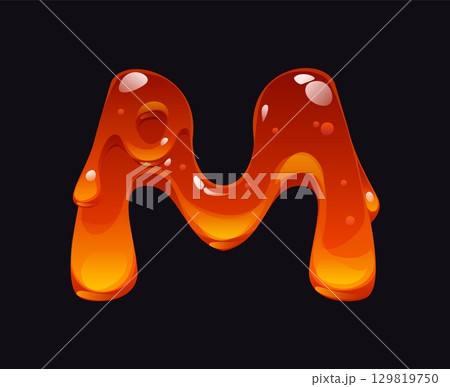 Tasty honey cartoon font letter M. Yellow caramel English alphabet type sign, liquid candy vector font symbol. Tasty amber flow cartoon element or sweet honey ABC typeset letter 129819750