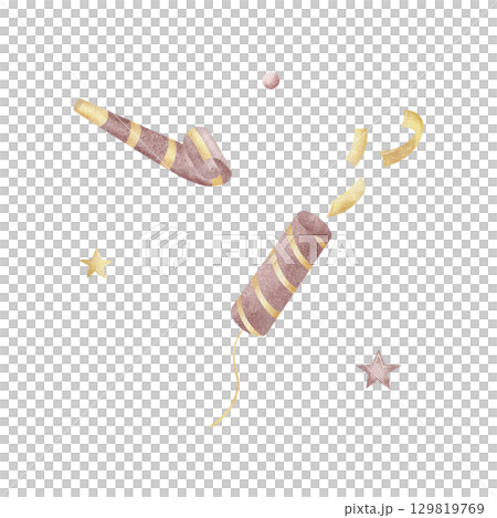 Watercolor illustration exploding party popper, confetti, whistle . Picture yellow purple color in children's style isolated from background for design Halloween postcard invitation Christmas birthday Watercolor illustration exploding party popper, confetti, whistle . Picture yellow purple color in children's style isolated from background for design Halloween postcard invitation Christmas birthday 129819769
