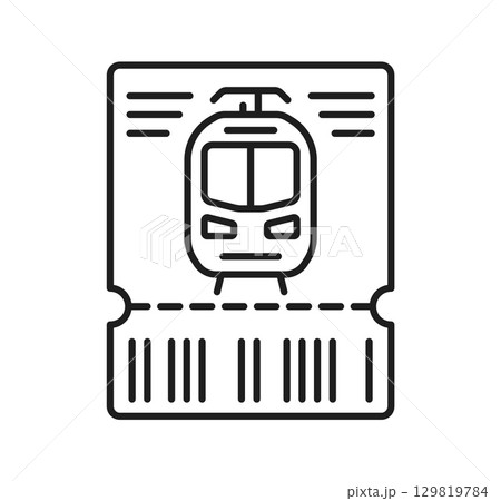 Railroad railway icon or train, subway or metro ticket, vector line pictogram. Railroad and railway symbol of ticket for metro underground and tram or intercity train railcar or public transport 129819784