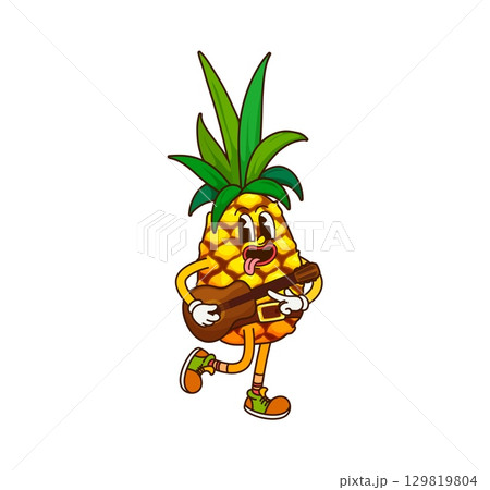 Cartoon groovy pineapple fruit cowboy, sheriff, ranger and bandit character. Vector cheerful tropical fruit personage dressed as a Wild West country singer, strumming a guitar in playful, musical vibe 129819804
