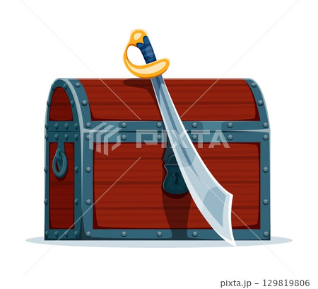 Caribbean pirates game icon of corsairs treasure chest and saber sword, cartoon vector. Caribbean pirates adventure game element of chest box with lock and corsair saber blade for pirates loot snatch 129819806